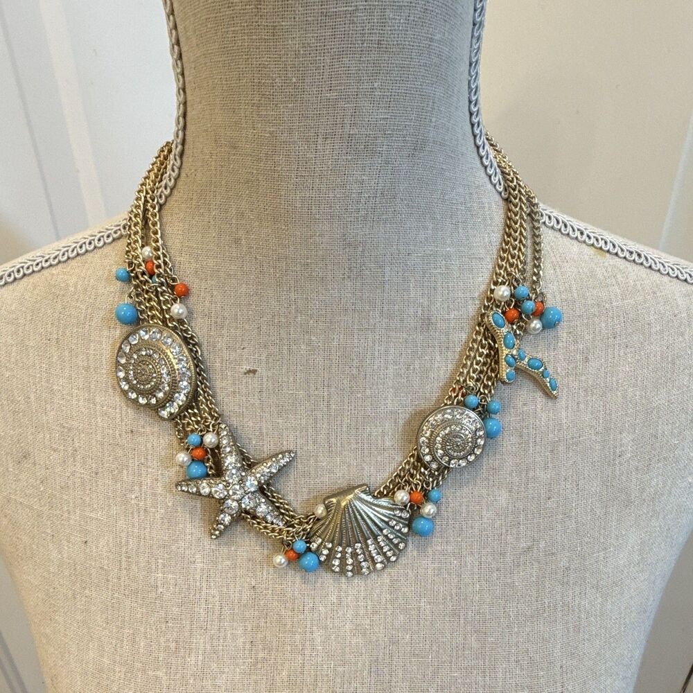 Vintage Statement, Necklace, Shells, Rhinestones, Aqua, Orange, Gold Bead Collar